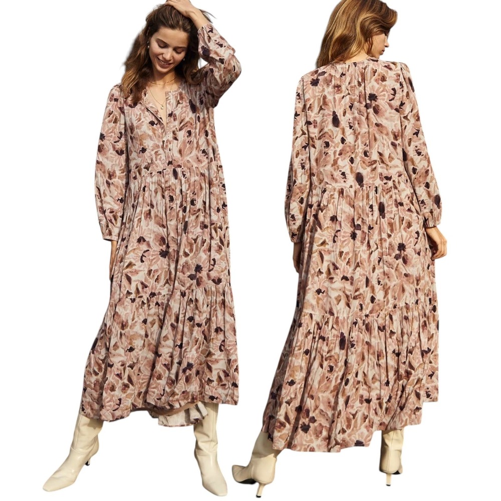 Wilfred Aritzia Barossa Maxi Dress 2XS Floral Tiered Long Sleeve Boho Romantic